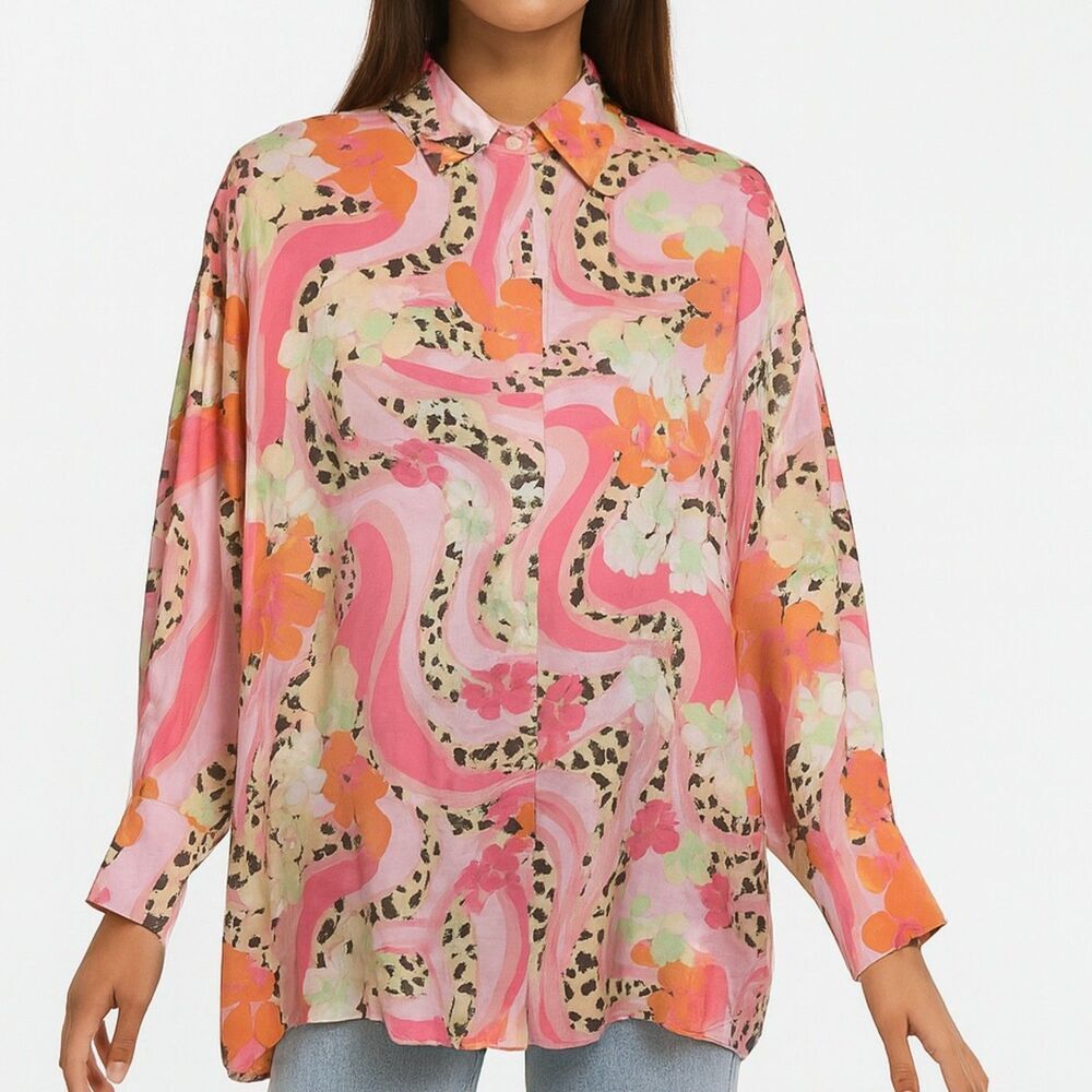 ASOS Oversized Satin Swirl Floral Print Women’s Leopard Accent Long Sleeve